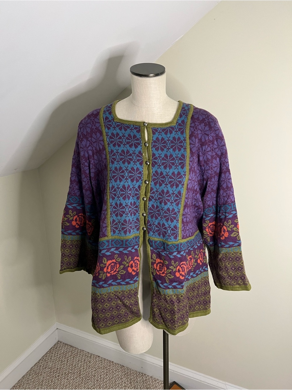 Gudrun Sjoden Purple, Blue & Green Floral Knit Cardigan XL